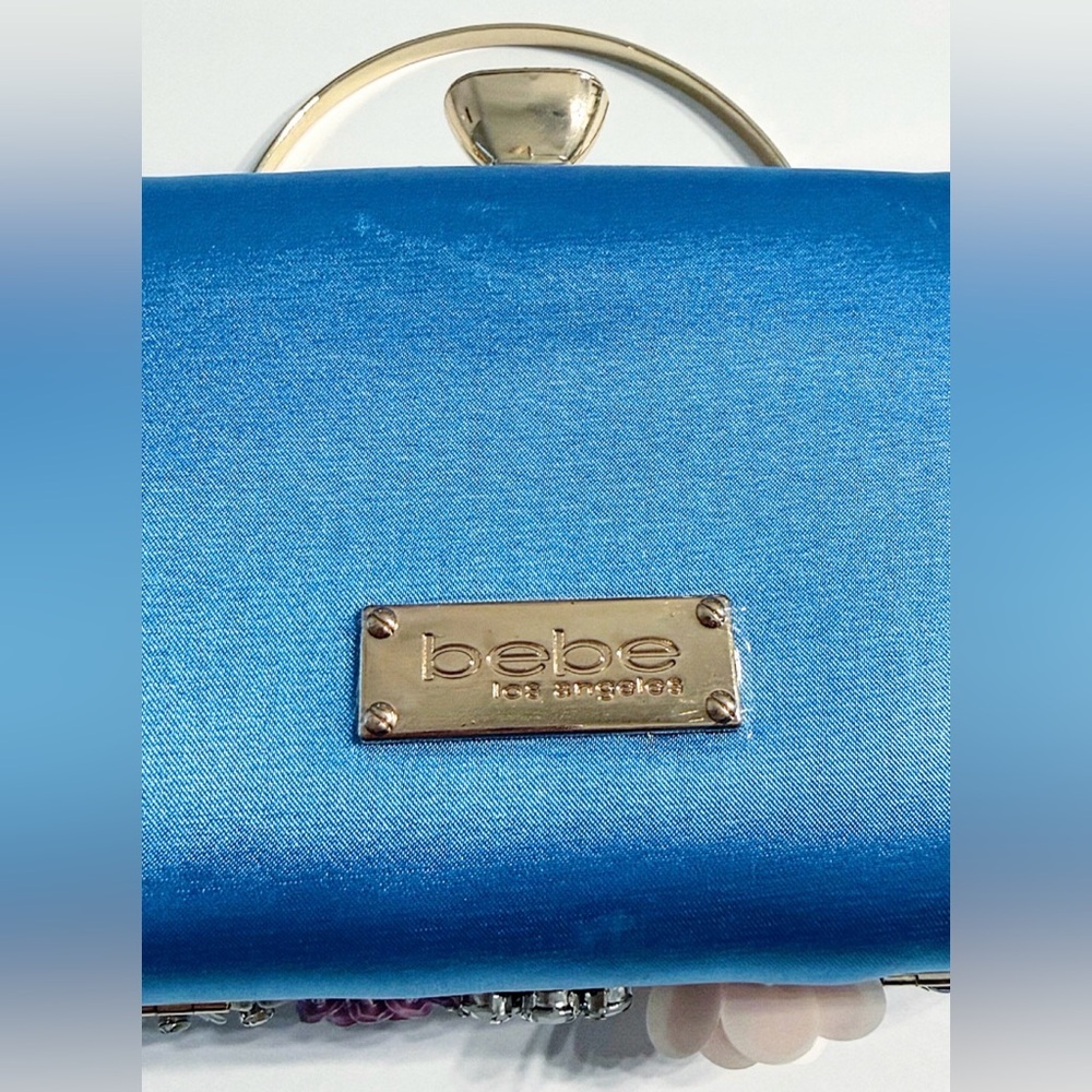 Bebe Blue Satin Floral Embellished Daisy Clutch w/ Chain Strap | NWT - Picture 11 of 14